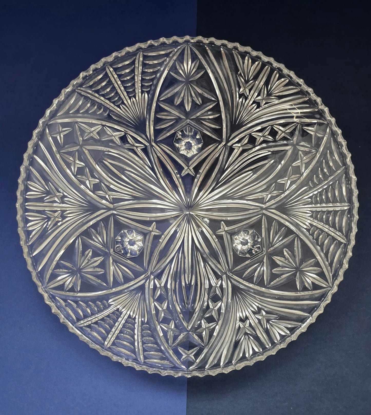 Vintage Cut Crystal Centrepiece Bowl on Four Tapered Feet with Pinwheel & Fan Pattern, c.1940