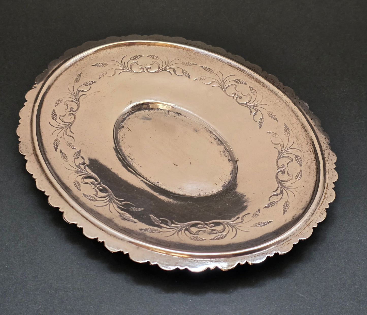 Antique Silver-Plated Oval Server | Engraved Wheat & Scrollwork | c.1890–1910