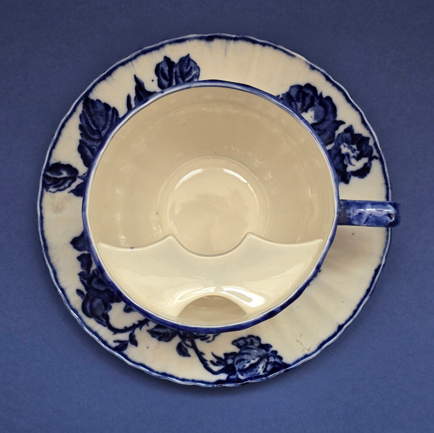 Victorian Ironstone Staffordshire Moustache Cup & Saucer – Blue Rose, c.1890