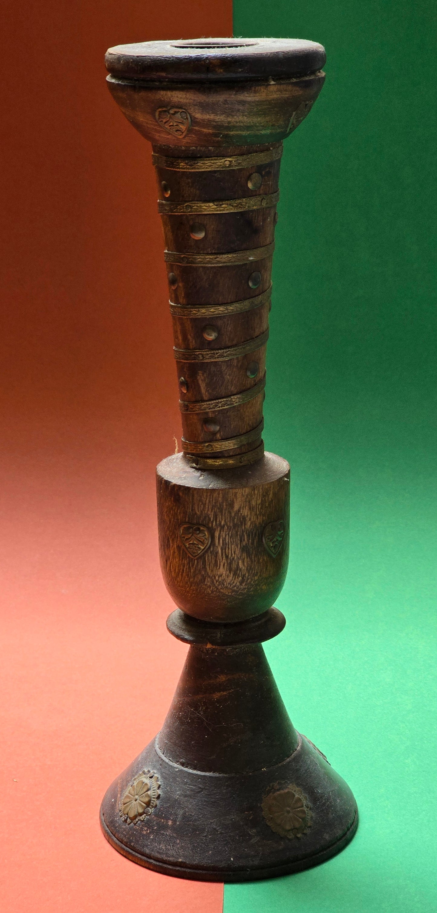Indian Dark Wood Candlestick with Brass Fittings – Rajasthan, c.1880–1920