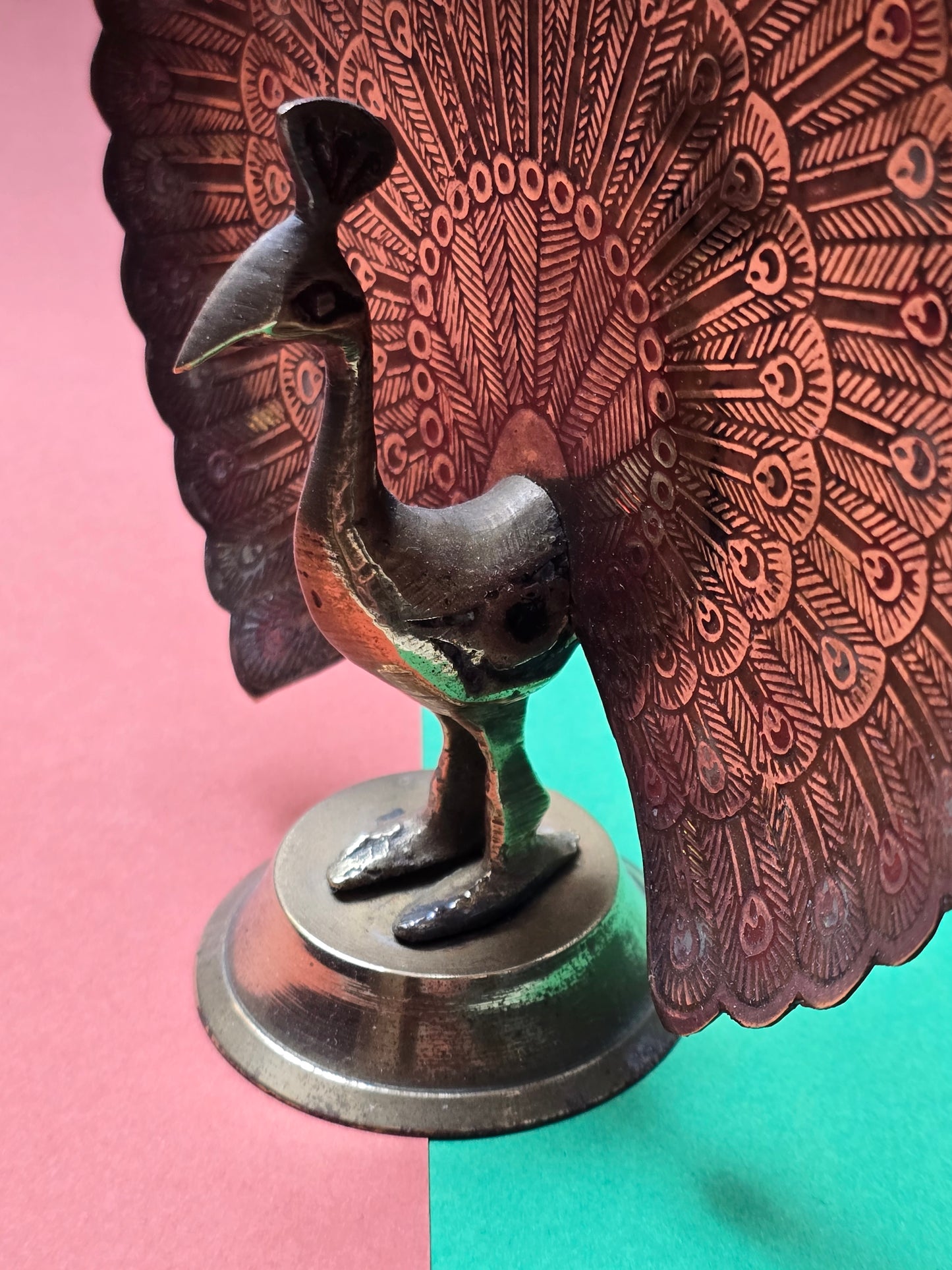 Indian Brass Peacock Figurine – Engraved Display, Moradabad, 1950s–60s