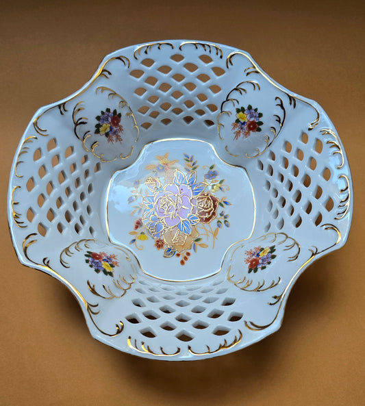 SOLD! Dresden Reticulated Porcelain Bowl – Hand-Painted Floral, 1960s