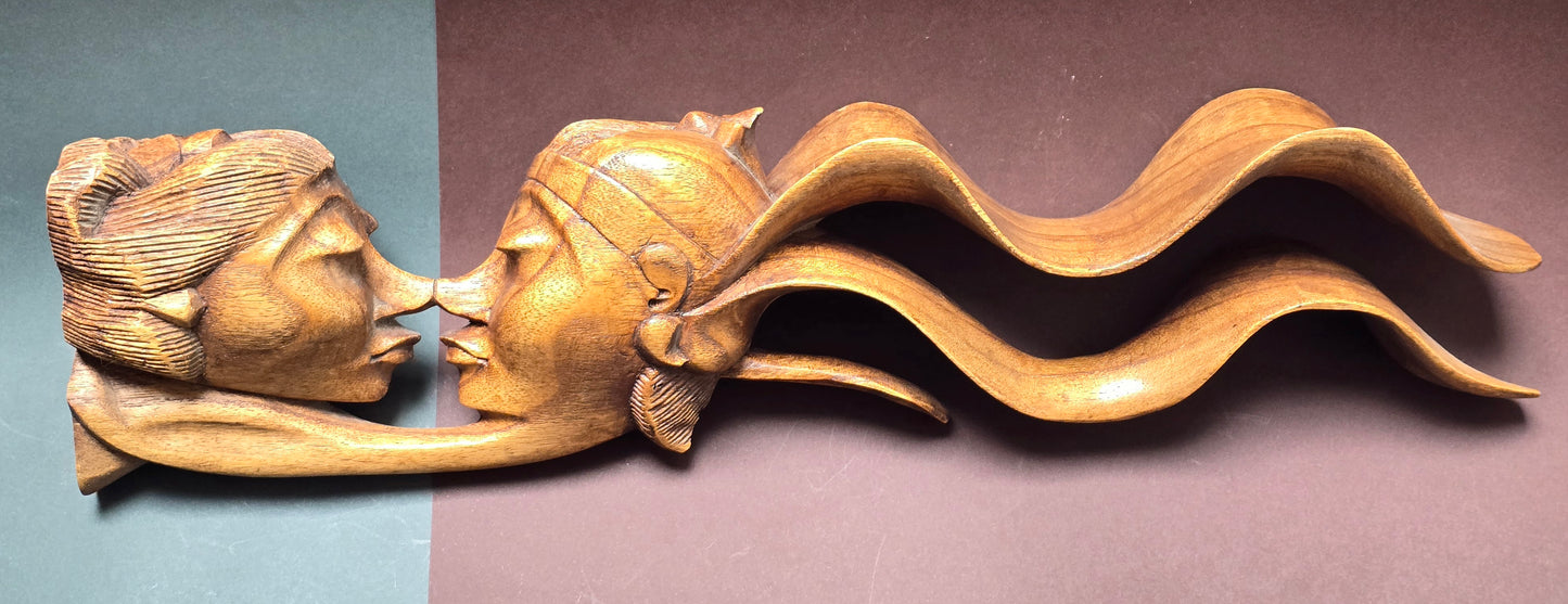 Balinese Hand-Carved Suar Wood Lovers Sculpture with Spiral Horns, c.1940–1950