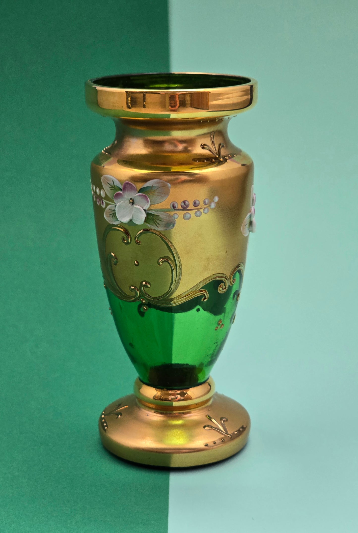 Vintage Bohemian Green Glass Vase with Gold Enamel & Hand-Painted Flowers, c.1950s