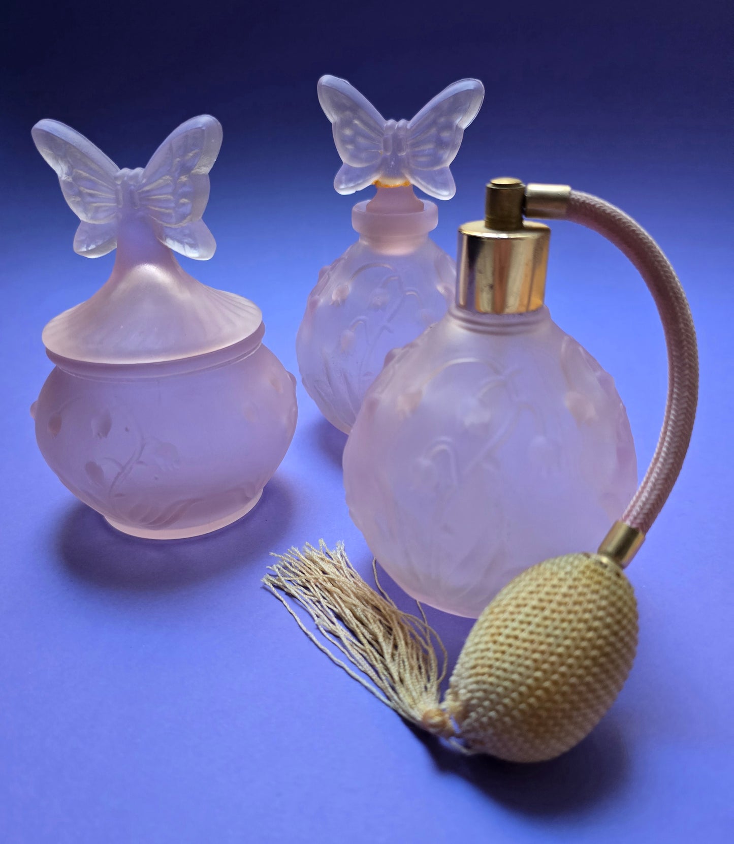 Pink Frosted Glass Butterfly Vanity Set – Perfume Atomiser, Bottle & Trinket Box, 1970s