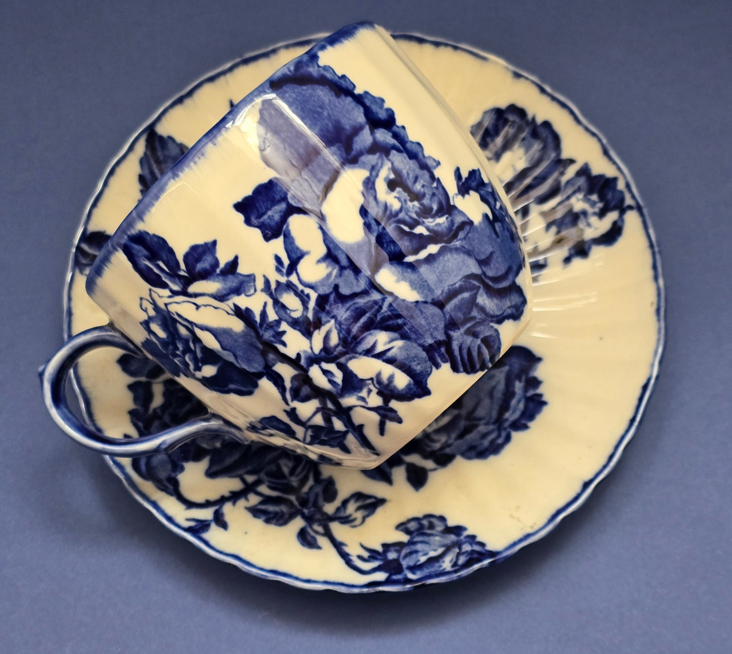 Victorian Ironstone Staffordshire Moustache Cup & Saucer – Blue Rose, c.1890
