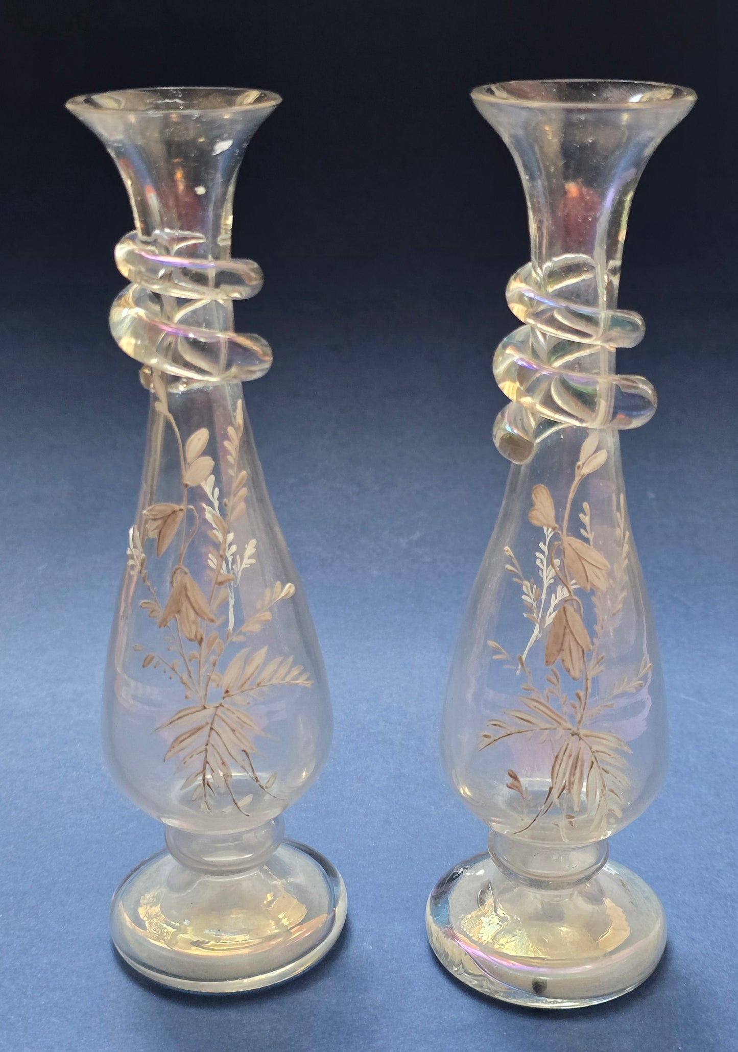 Pair of Bohemian Art Nouveau Iridescent Glass Vases, Loetz Style, Gilt Botanical Decoration, c.1890