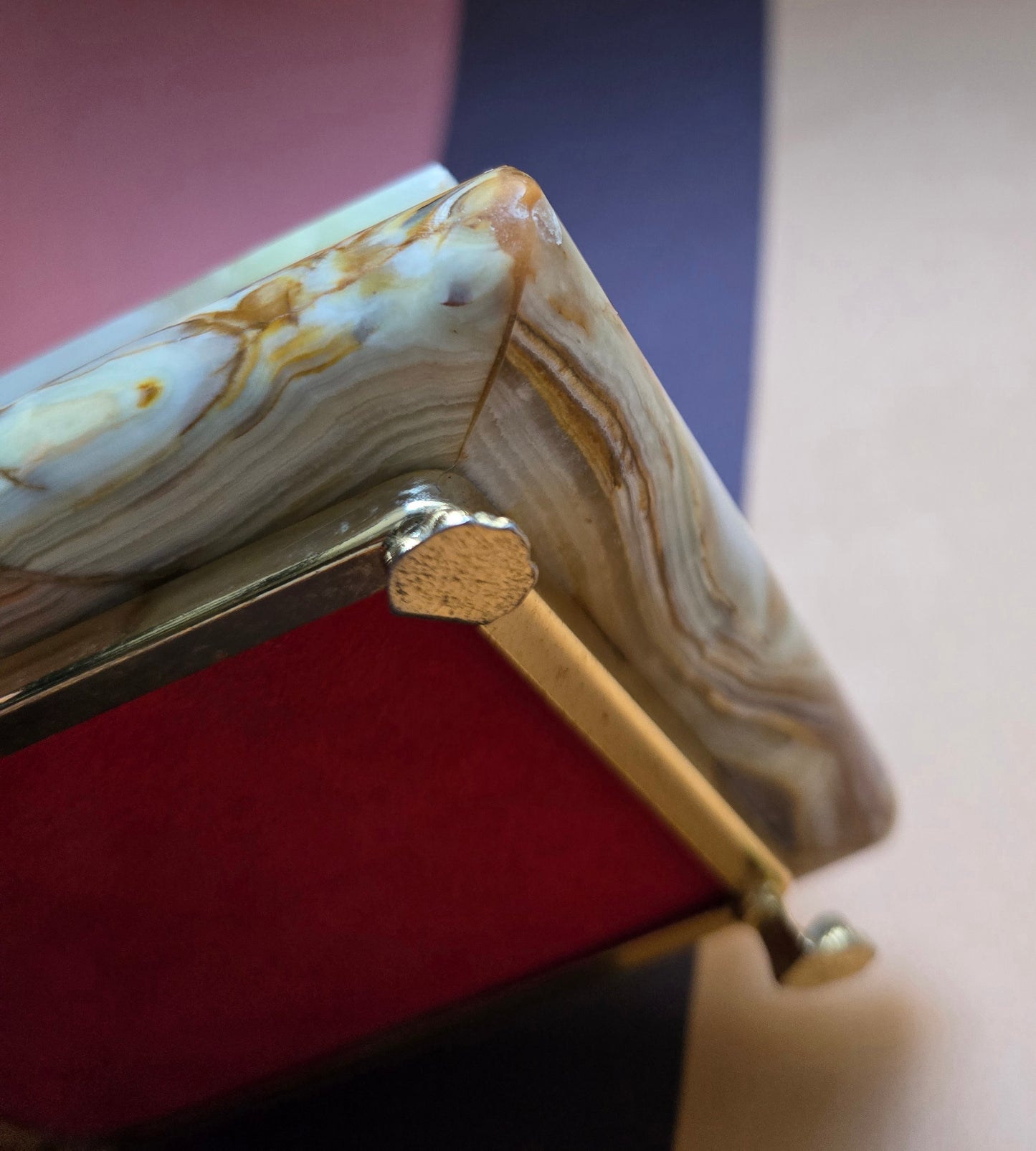 Italian Onyx Jewellery Box – Red Velvet Interior, Brass Fittings, 1960s