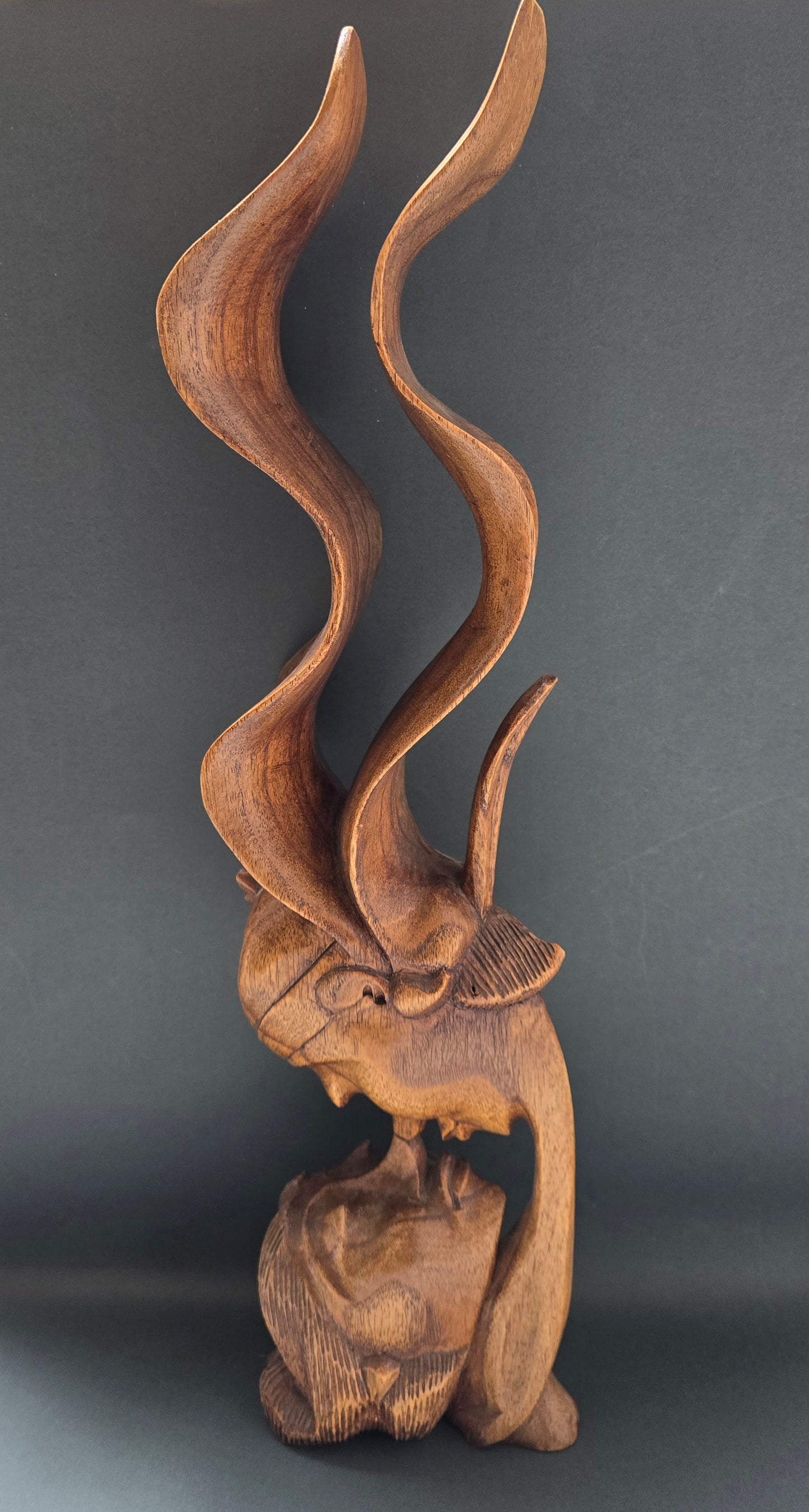 Balinese Hand-Carved Suar Wood Lovers Sculpture with Spiral Horns, c.1940–1950