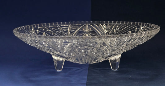 Vintage Cut Crystal Centrepiece Bowl on Four Tapered Feet with Pinwheel & Fan Pattern, c.1940