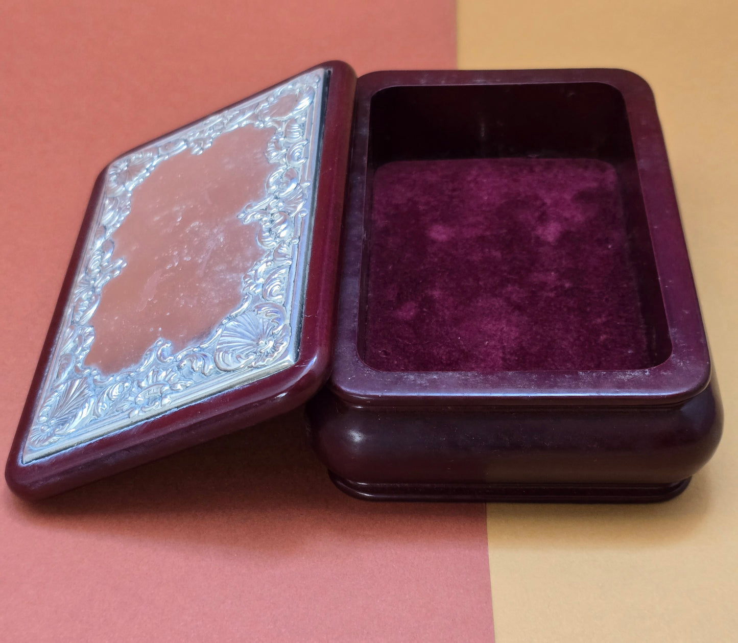 Italian Sterling Silver & Cherrywood Jewellery Box | 925 Silver Rococo Lid | Macerata | c.1970s