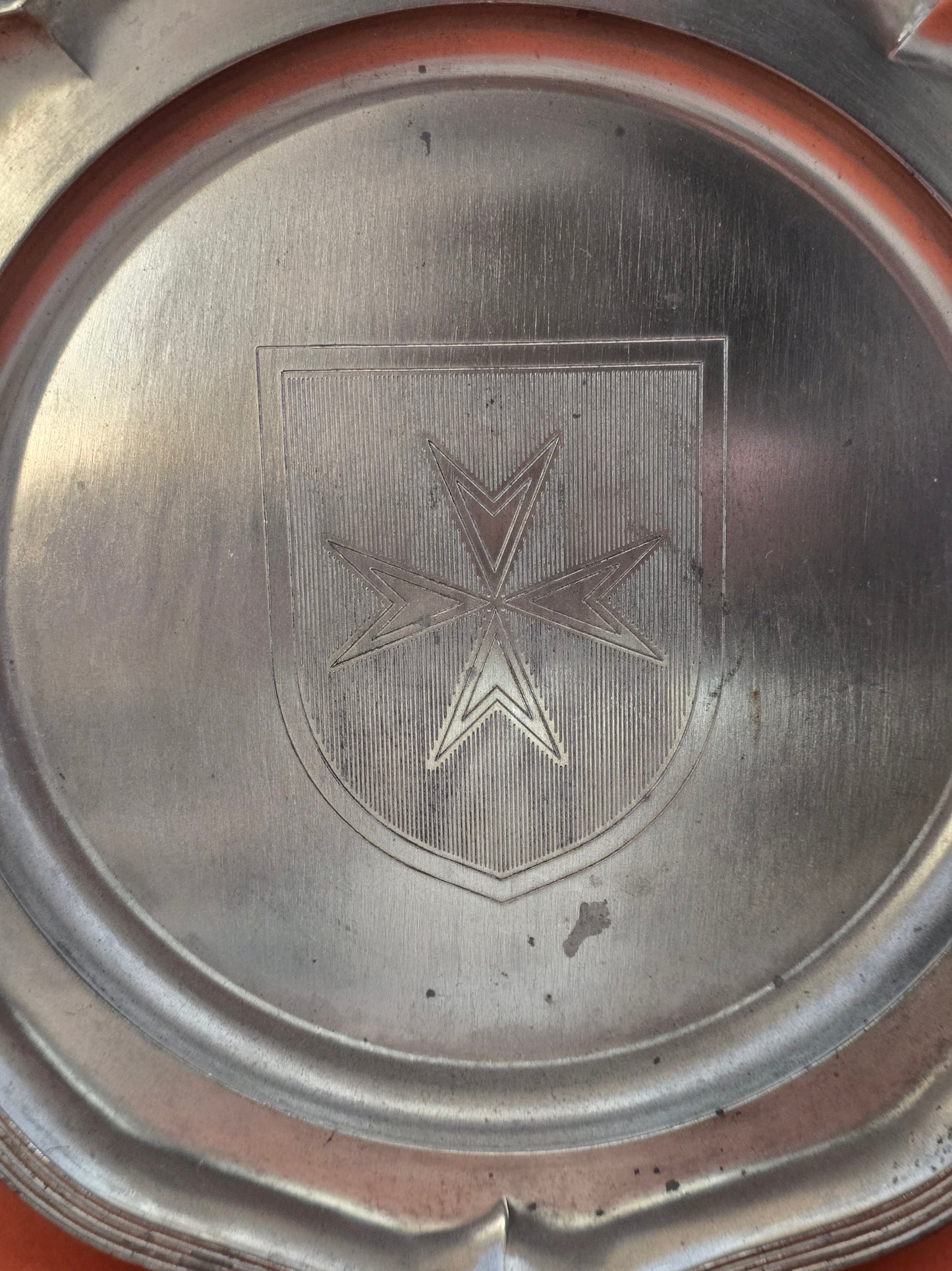 French Pewter Decorative Plate | Maltese Cross Coat of Arms | c.1960s