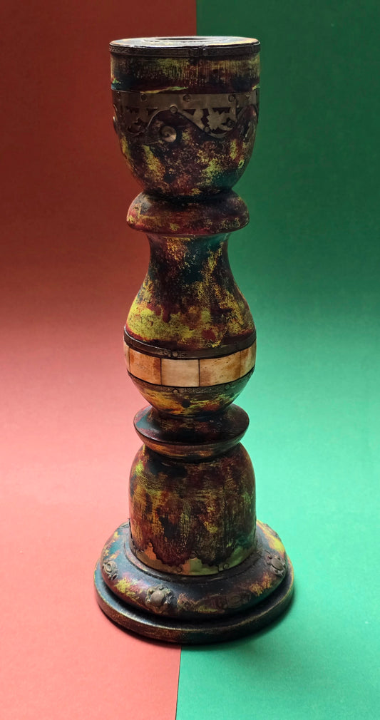 Indian Lacquerwork Candlestick with Bone Inlay & Brass Fittings – Rajasthan, c.1880–1920