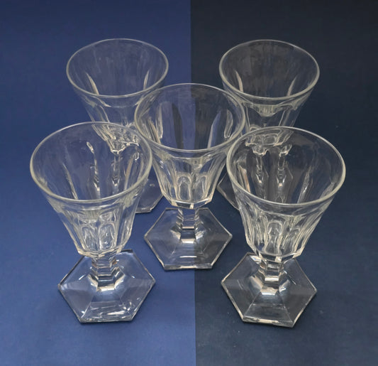 Set of 5 Antique Crystal Wine Glasses with Hexagonal Foot & Panel-Cut Body, c.1900