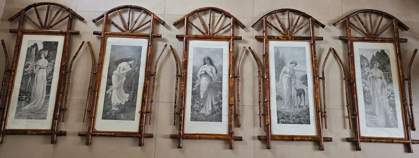 Set of 5 Victorian Sentimental Prints in Original Bamboo Japonisme Frames, c.1870–1890