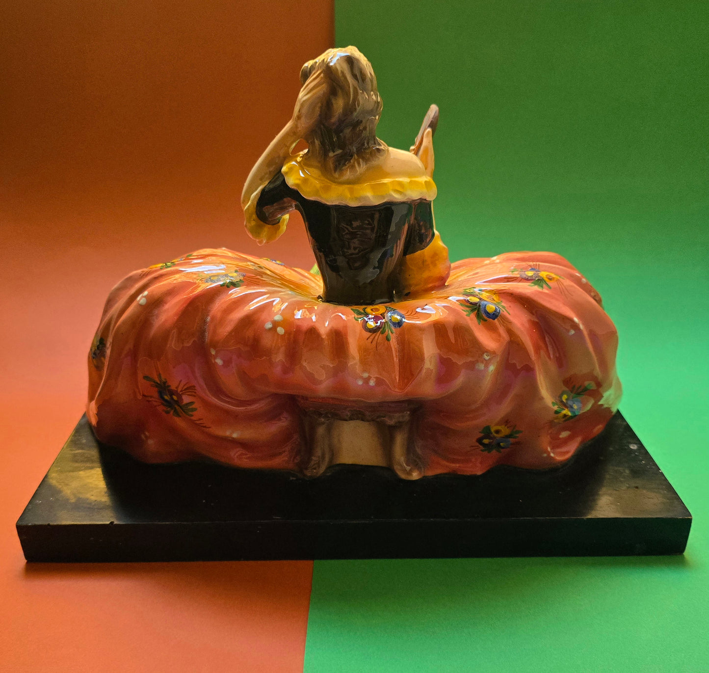 Italian Hand-Painted Ceramic Lady Figurine on Wood Base, c.1940s–1950s