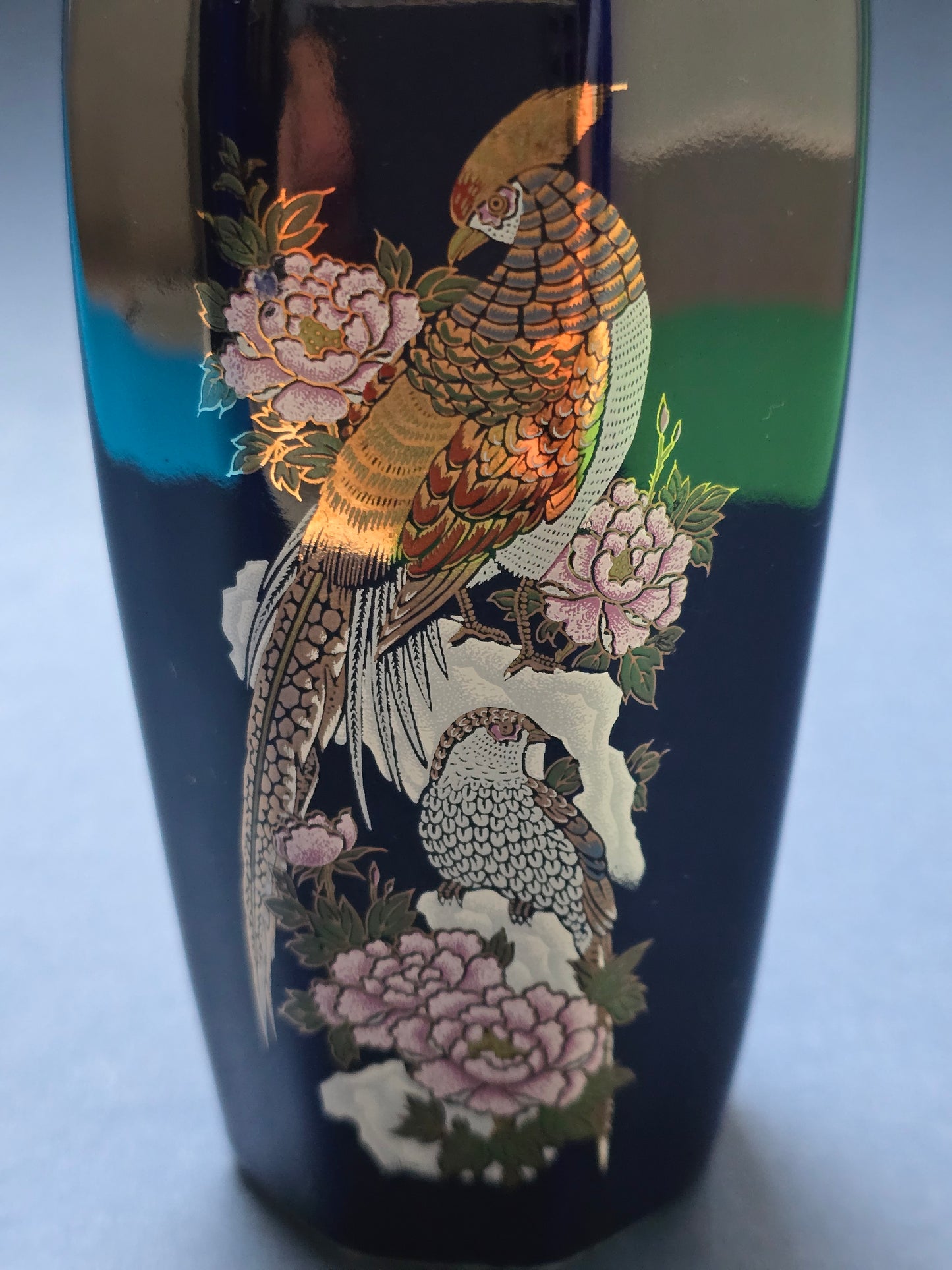 Italian Cobalt Blue Majolica Vase with Gold Pheasants & Peonies, c.1950