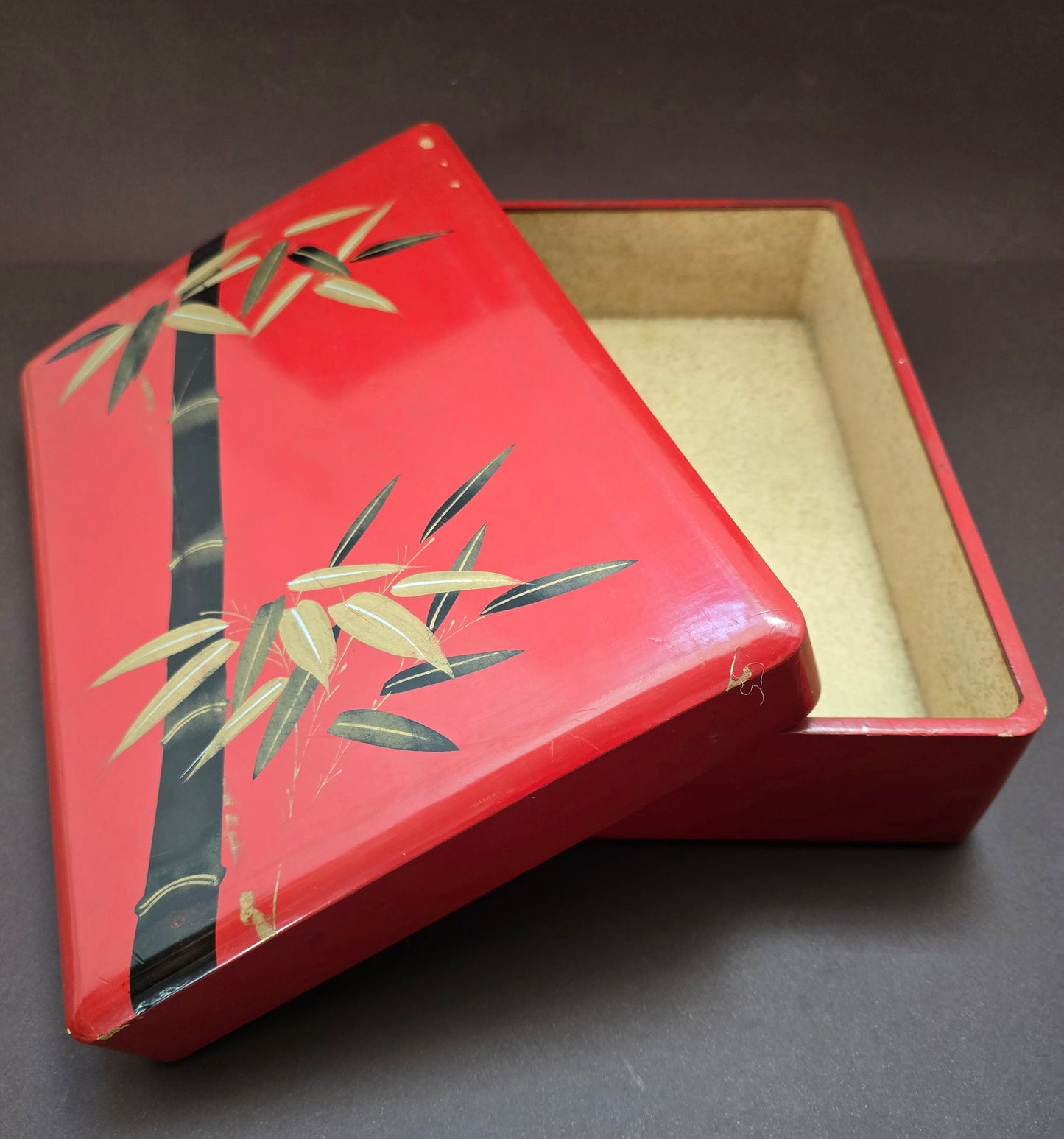 Antique Japanese Red Lacquer Box with Bamboo Motif c.1930