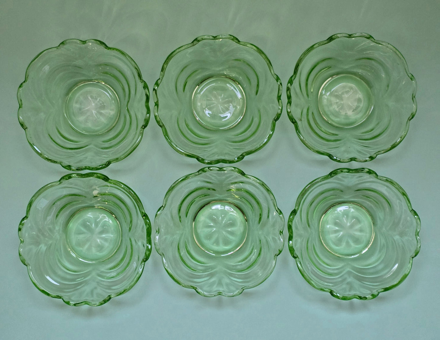 Davidson Art Deco Green Pressed Glass Dessert Bowl c.1930 – Sold Individually
