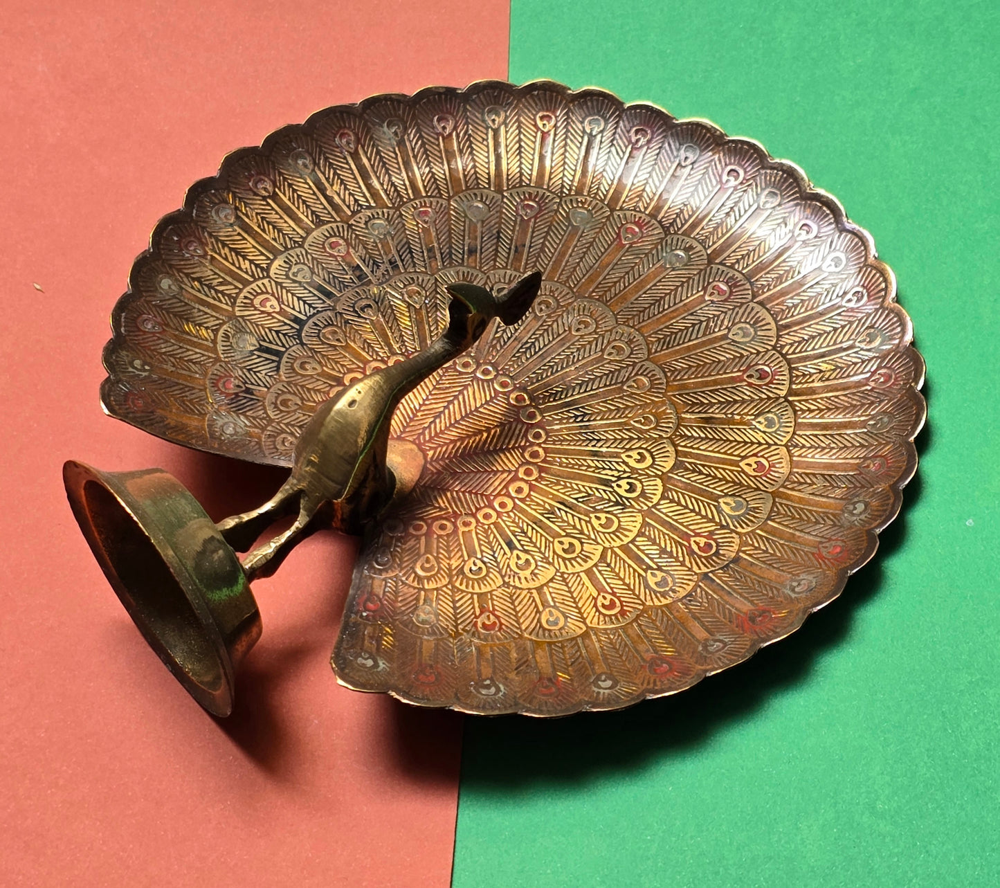 Indian Brass Peacock Figurine – Engraved Display, Moradabad, 1950s–60s