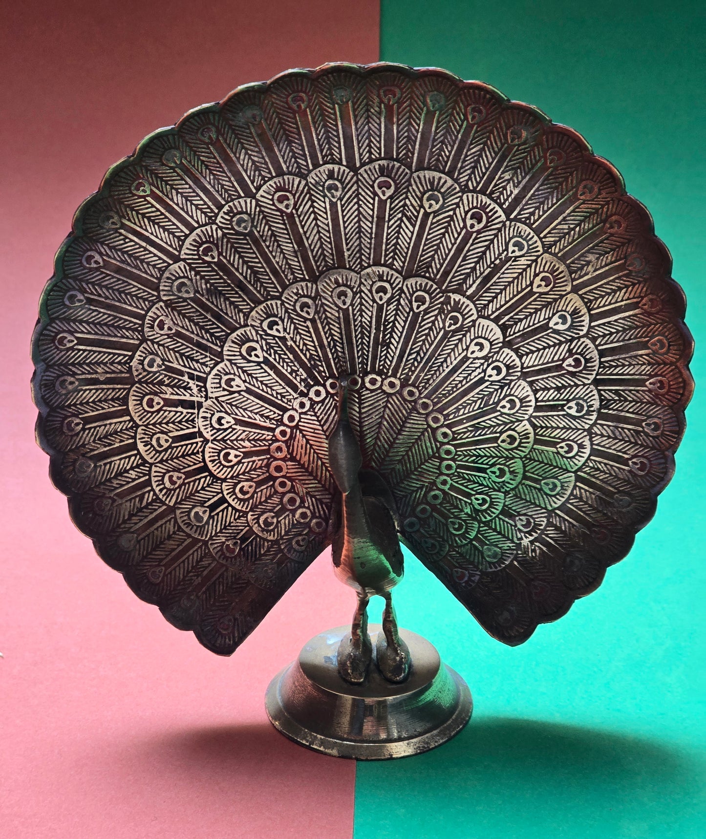 Indian Brass Peacock Figurine – Engraved Display, Moradabad, 1950s–60s