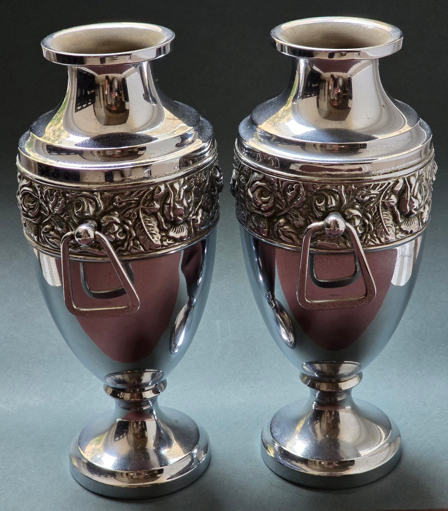 Art Nouveau / Jugendstil Silver-Plated Vase Pair – Repoussé Rose Frieze, c.1900