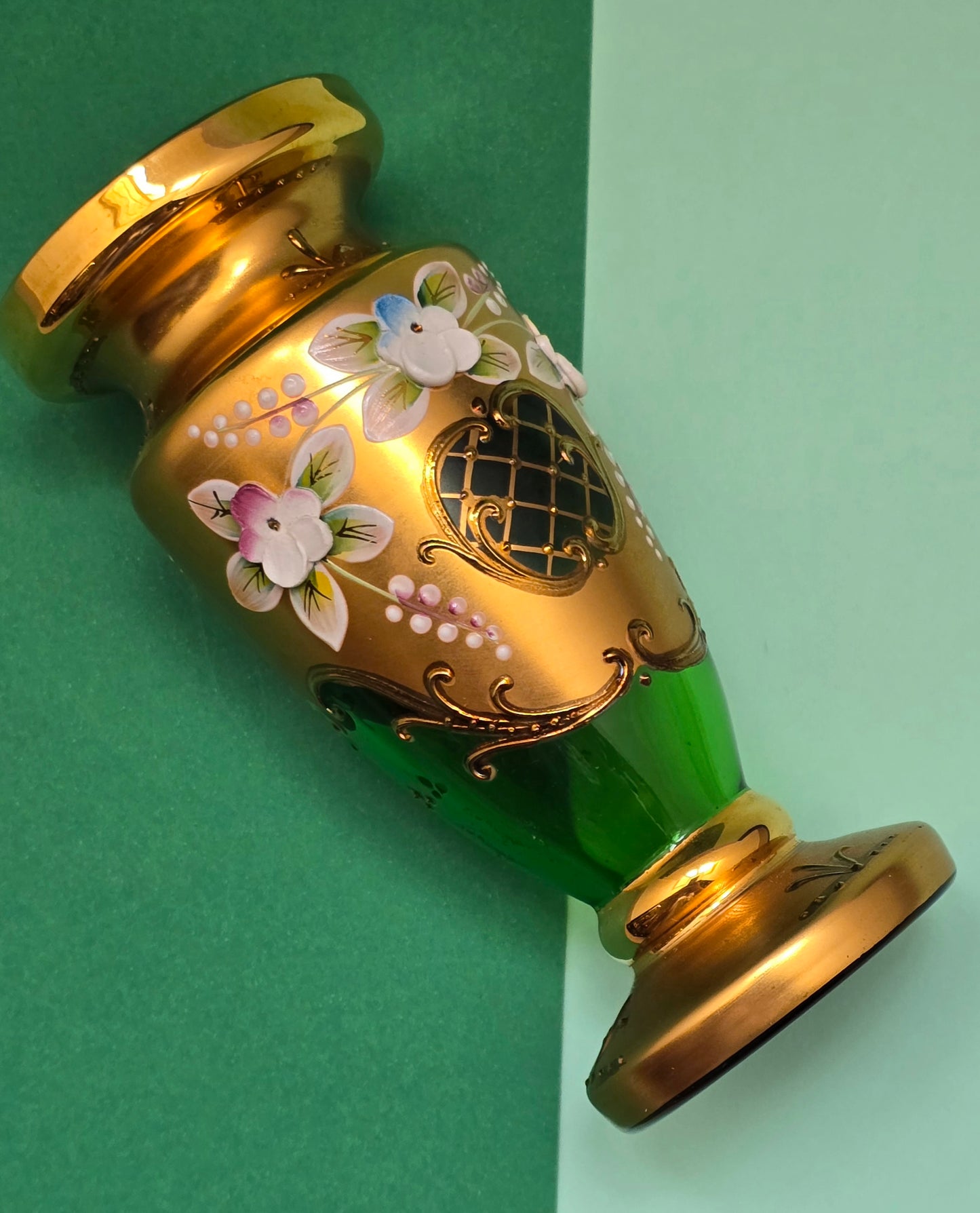 Vintage Bohemian Green Glass Vase with Gold Enamel & Hand-Painted Flowers, c.1950s