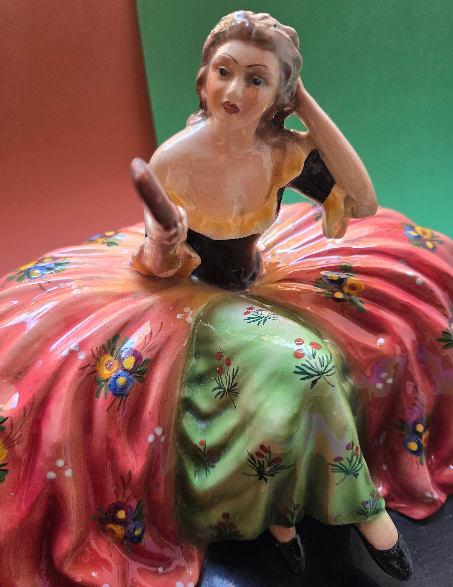 Italian Hand-Painted Ceramic Lady Figurine on Wood Base, c.1940s–1950s