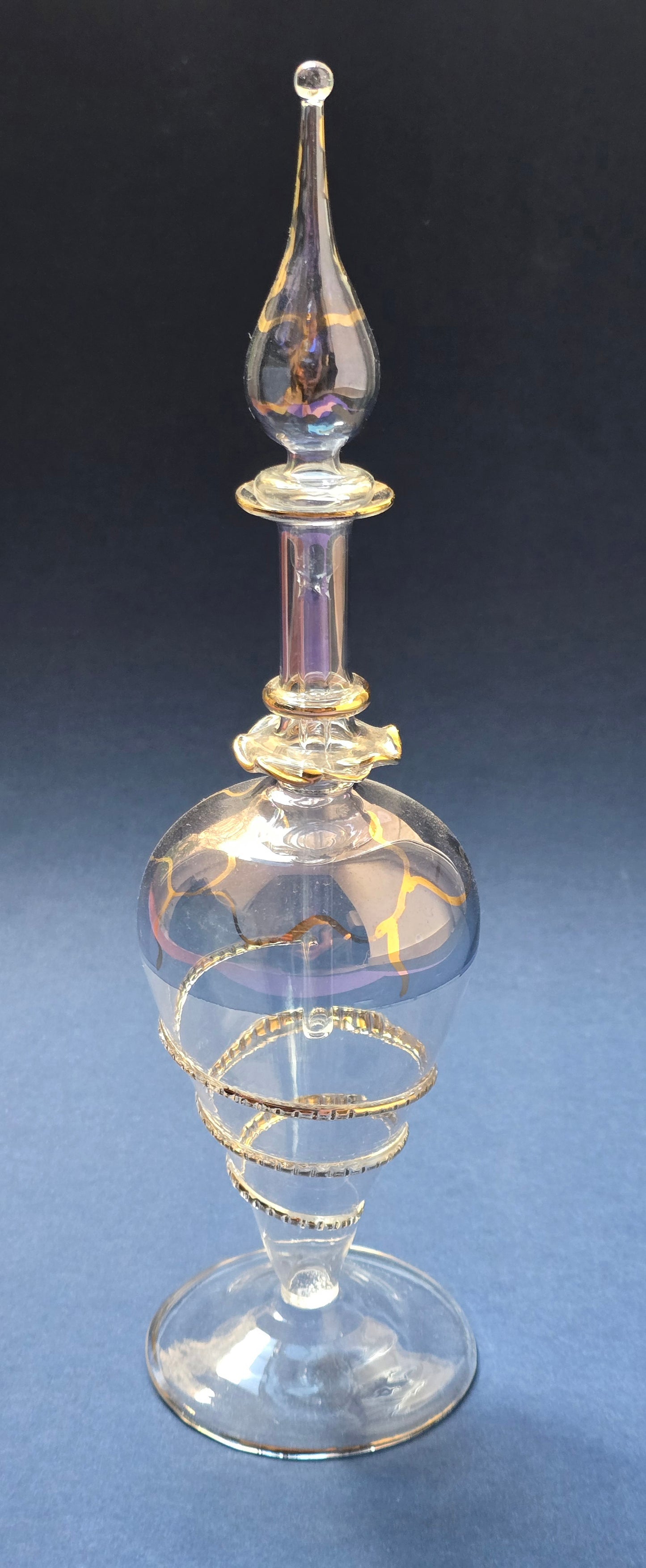 Egyptian Hand-Blown Iridescent Perfume Bottle with Applicator, Gold Spiral, c.1950s