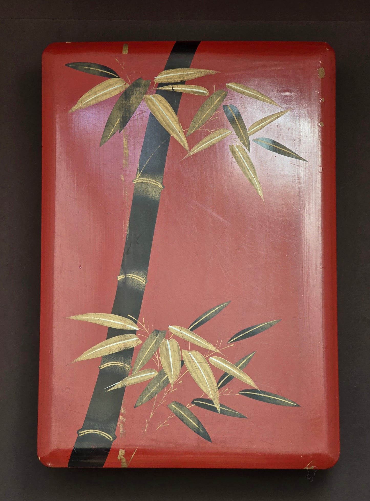 Antique Japanese Red Lacquer Box with Bamboo Motif c.1930
