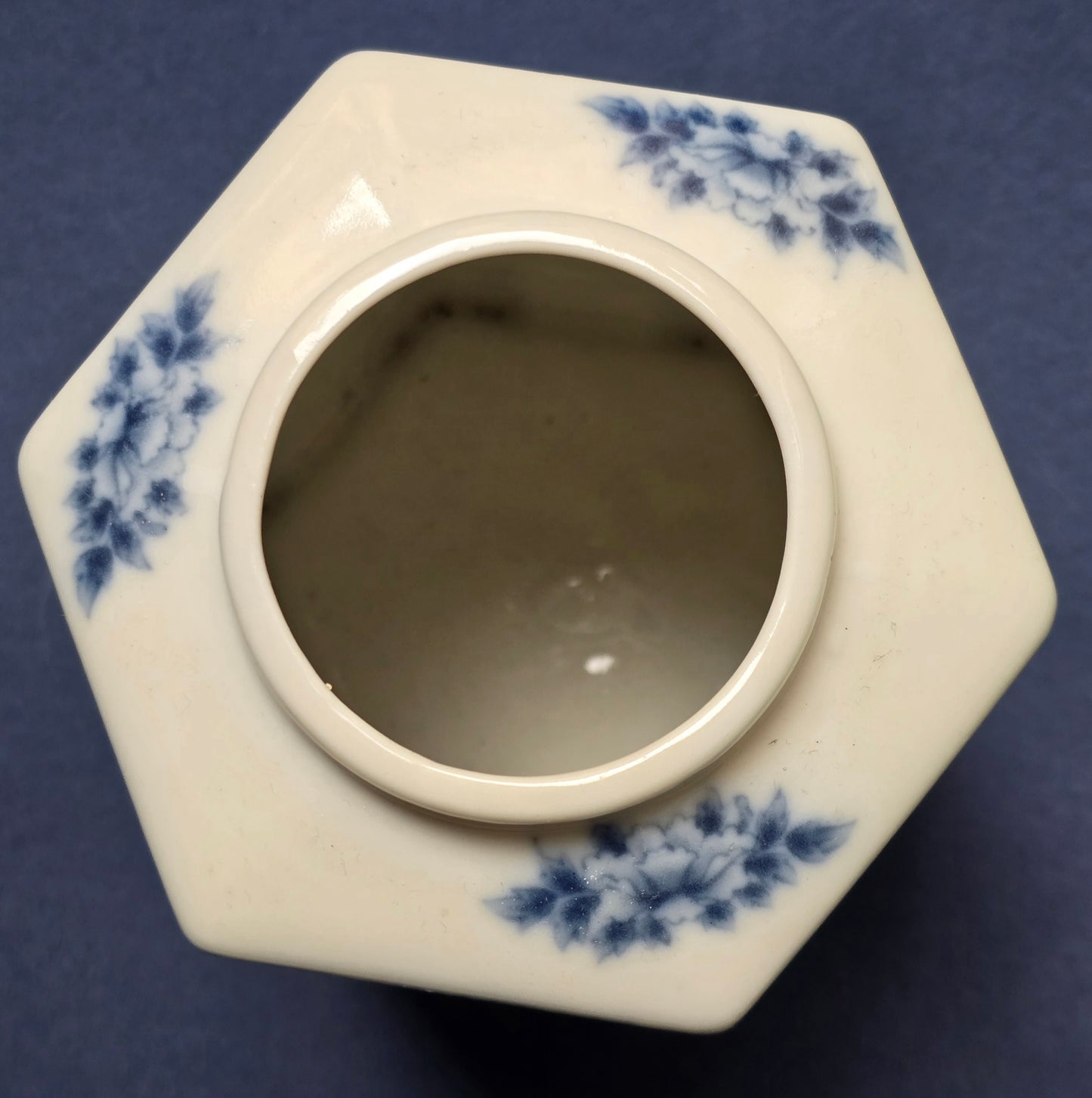 Chinese Blue & White Hexagonal Storage Jar with Lid, Birds & Foliage, c.1950