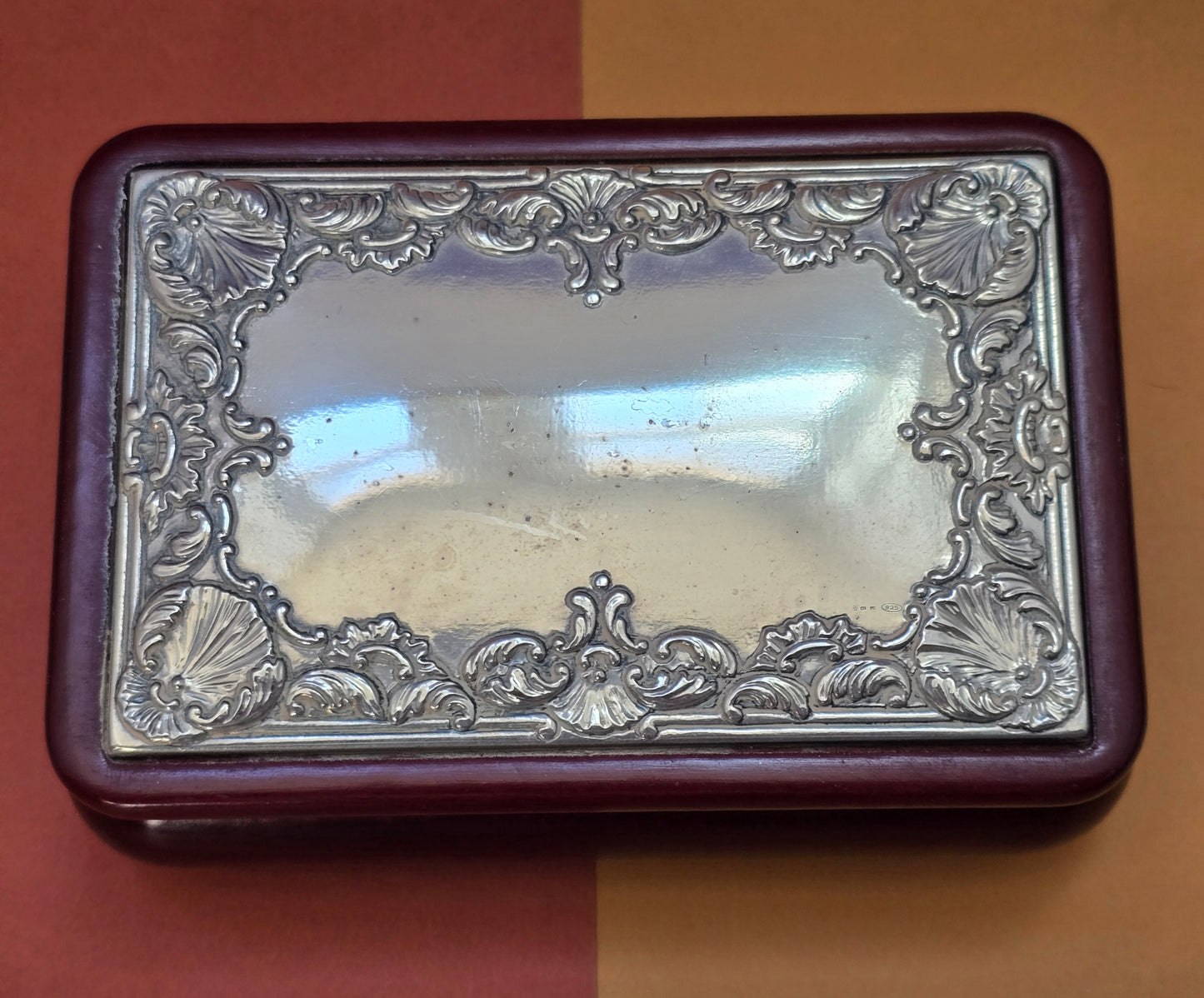 Italian Sterling Silver & Cherrywood Jewellery Box | 925 Silver Rococo Lid | Macerata | c.1970s