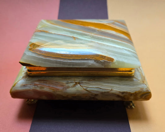 Italian Onyx Jewellery Box – Red Velvet Interior, Brass Fittings, 1960s