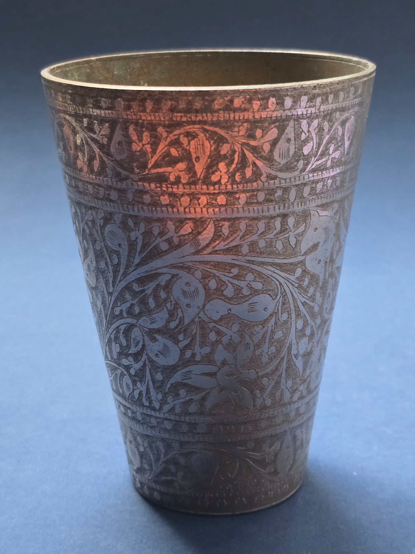 Antique Indian Brass Lassi Cup, Hand-Engraved Floral & Paisley, c.1900