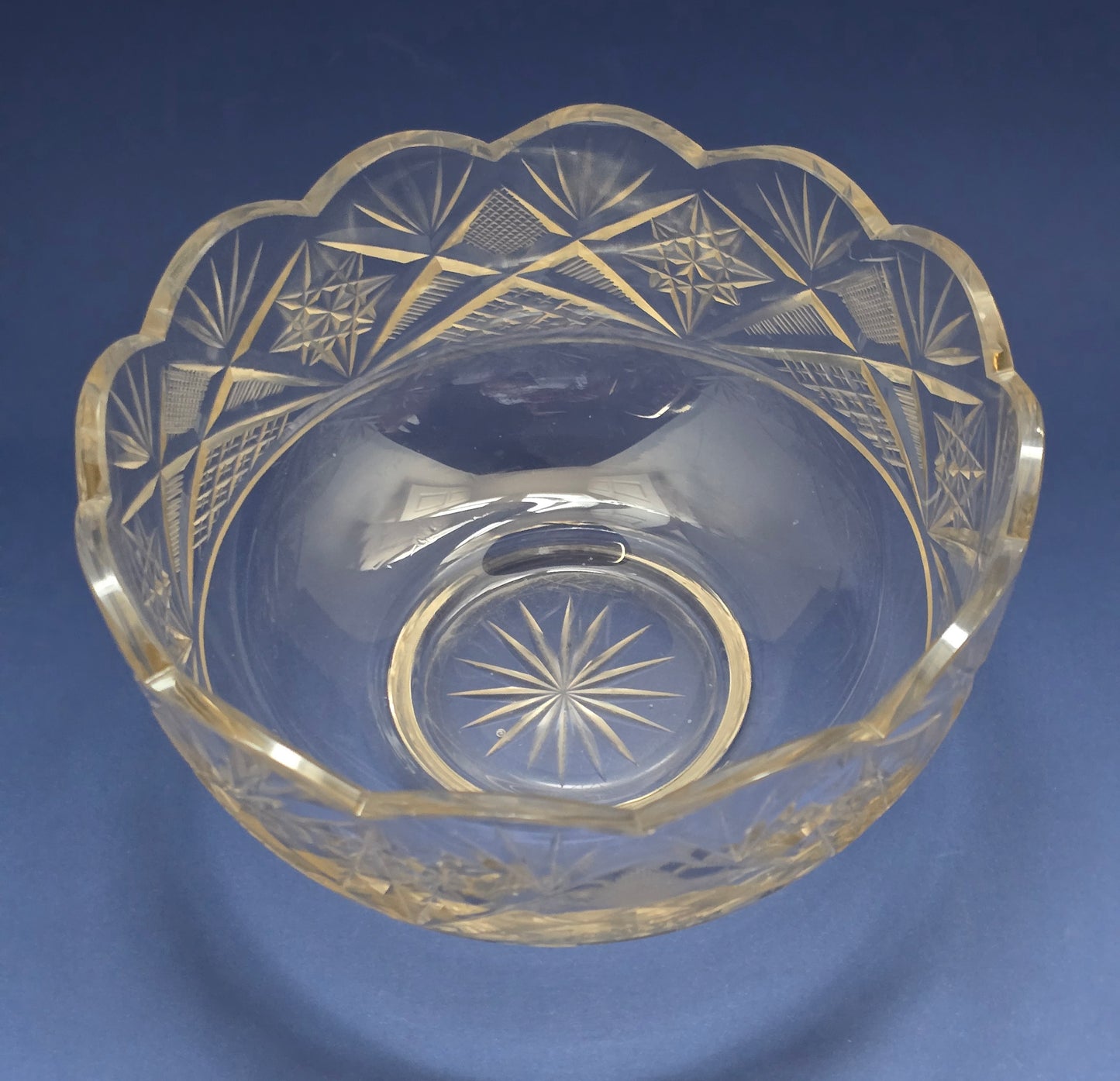 Antique Cut Crystal Bowl with Scalloped Rim, Star & Fan Pattern, c.1920