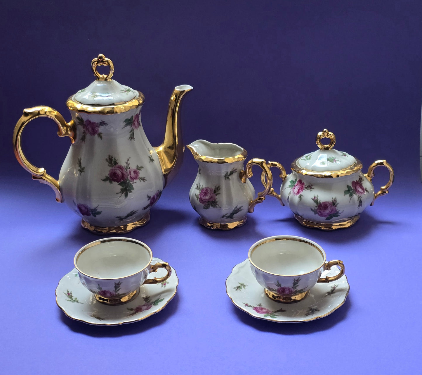Bareuther Bavaria Tea Service for Two, Rose & Gold, c.1940s