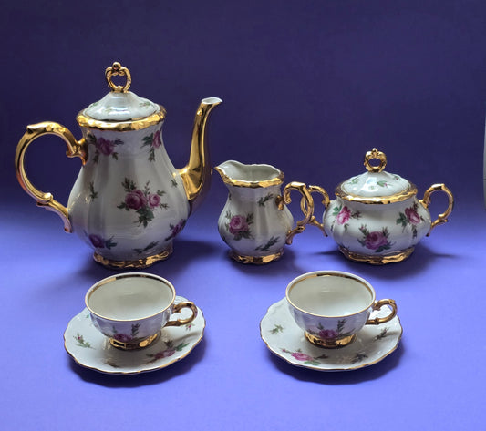Bareuther Bavaria Tea Service for Two, Rose & Gold, c.1940s