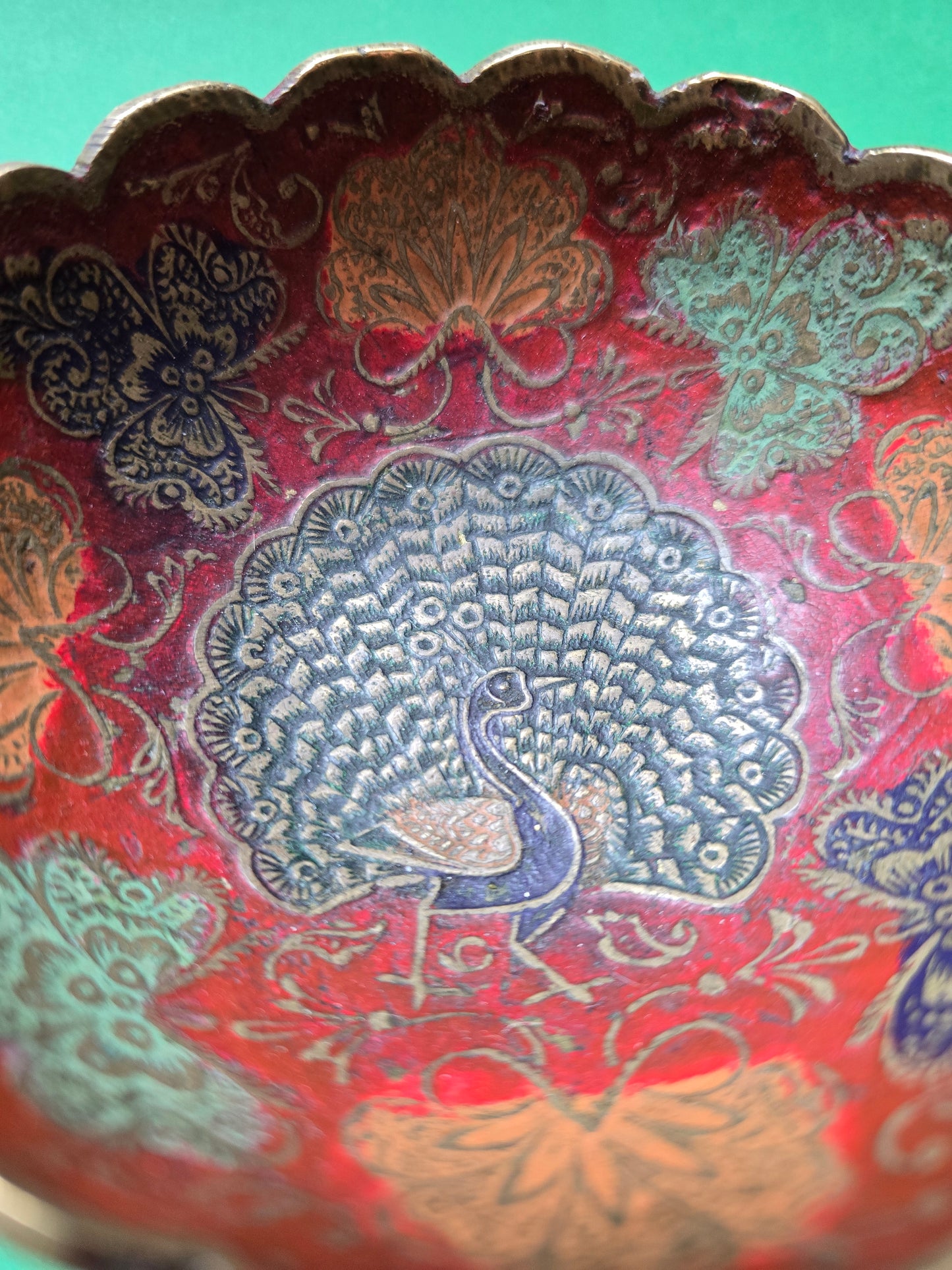Indian Brass Peacock Bowl – Moradabad Enamel & Engraving, c.1900–20 — Set of 2
