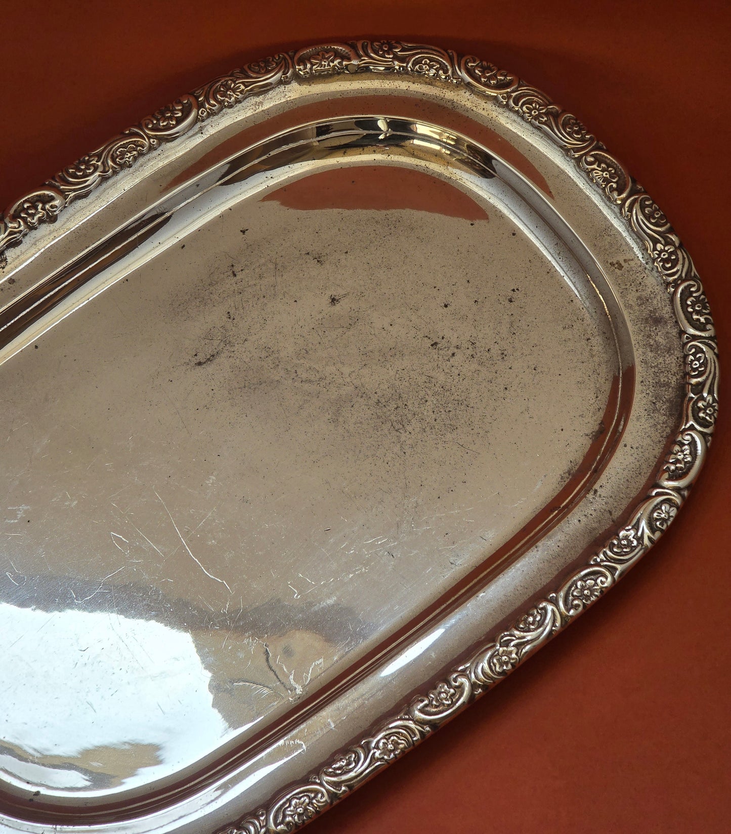 Large Silver-Plated Serving Tray | Acanthus & Floral Border | c.1930s