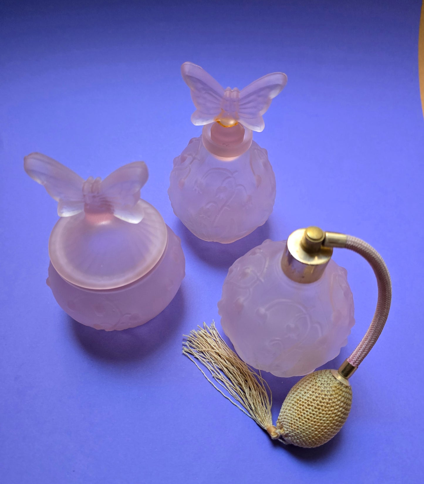 Pink Frosted Glass Butterfly Vanity Set – Perfume Atomiser, Bottle & Trinket Box, 1970s