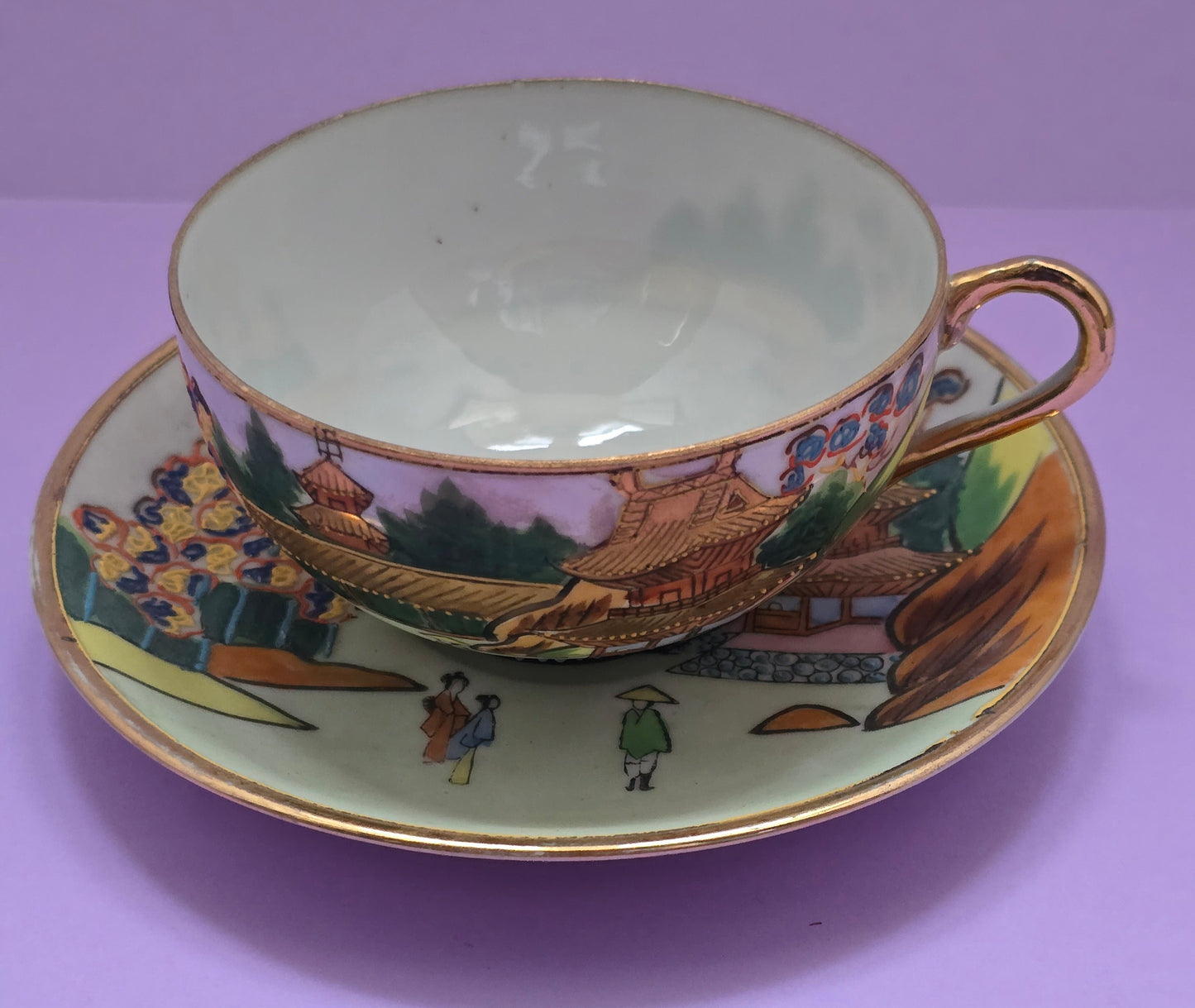 Satsuma Relief Hand-Painted Eggshell Porcelain Tea Cup & Saucer – 1920s Japan