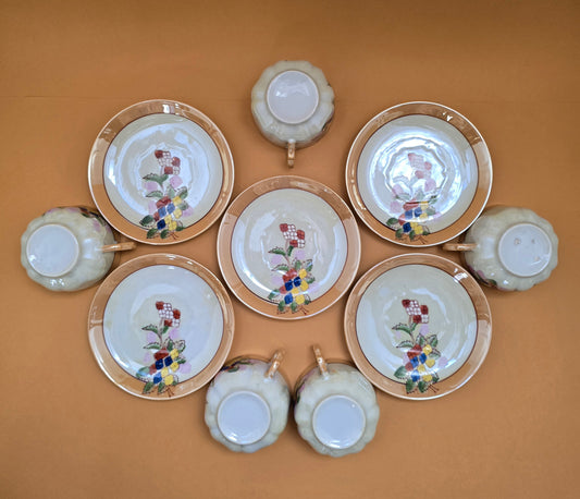 Antique Japanese Porcelain Tea Cup & Saucer c.1925 — Lustre Glaze Floral