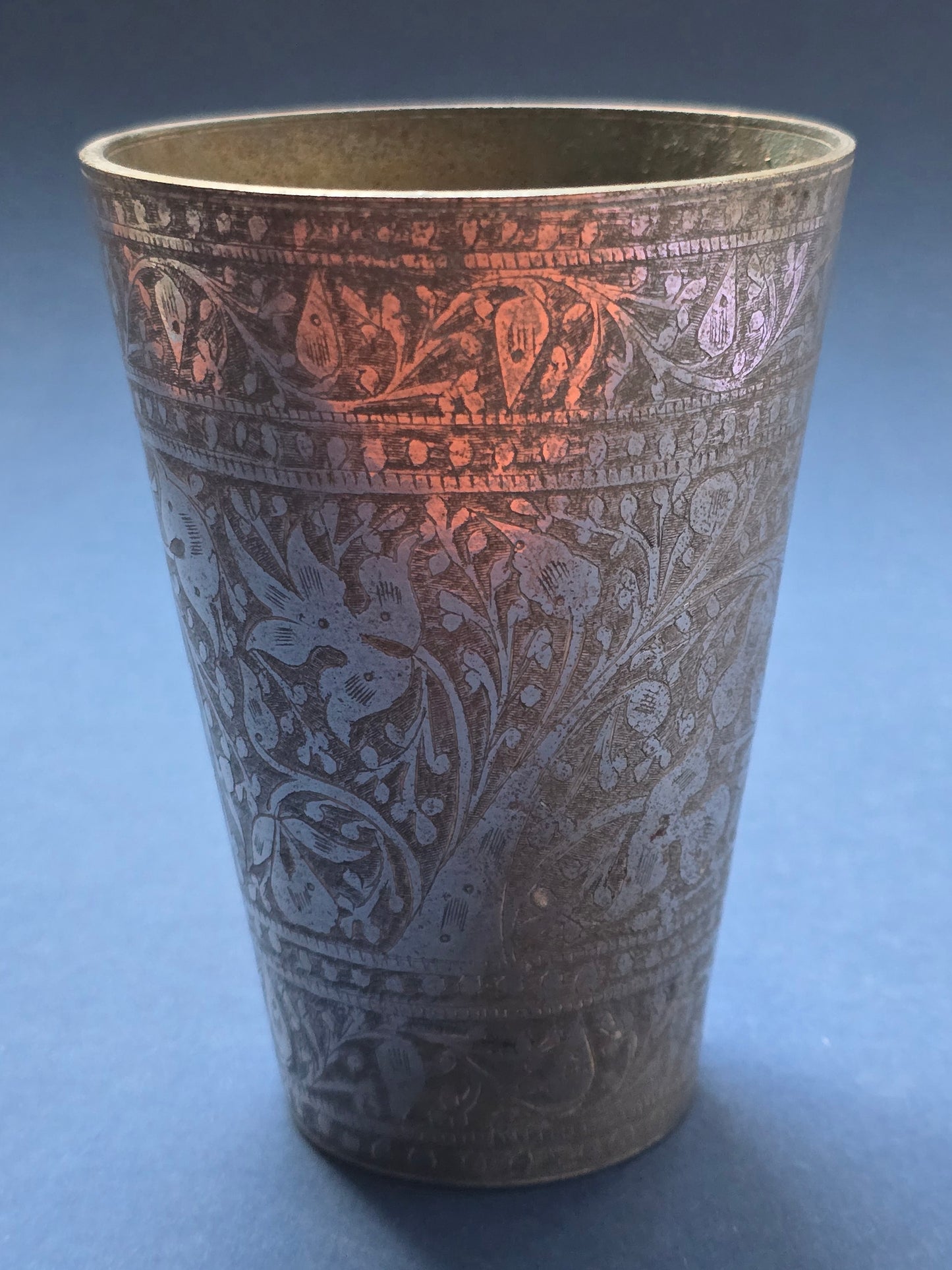 Antique Indian Brass Lassi Cup, Hand-Engraved Floral & Paisley, c.1900
