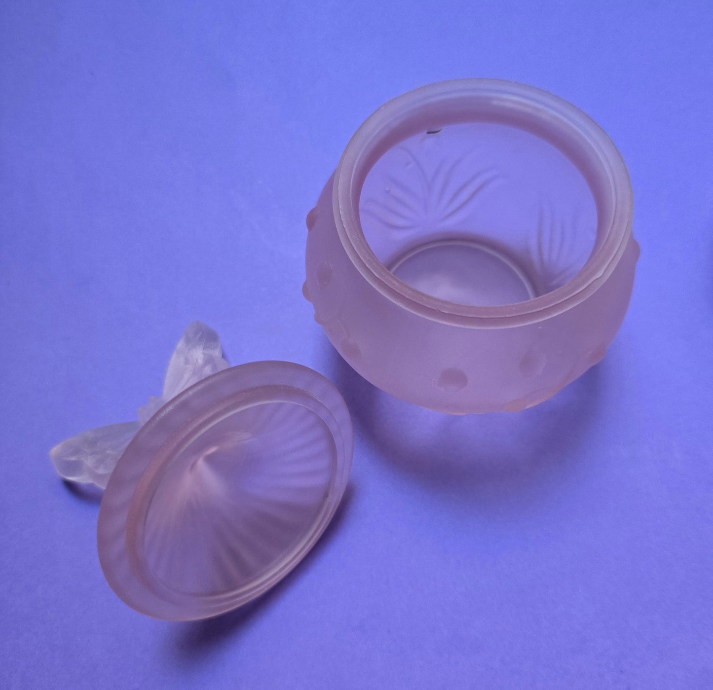 Pink Frosted Glass Butterfly Vanity Set – Perfume Atomiser, Bottle & Trinket Box, 1970s