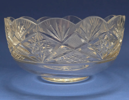 Antique Cut Crystal Bowl with Scalloped Rim, Star & Fan Pattern, c.1920