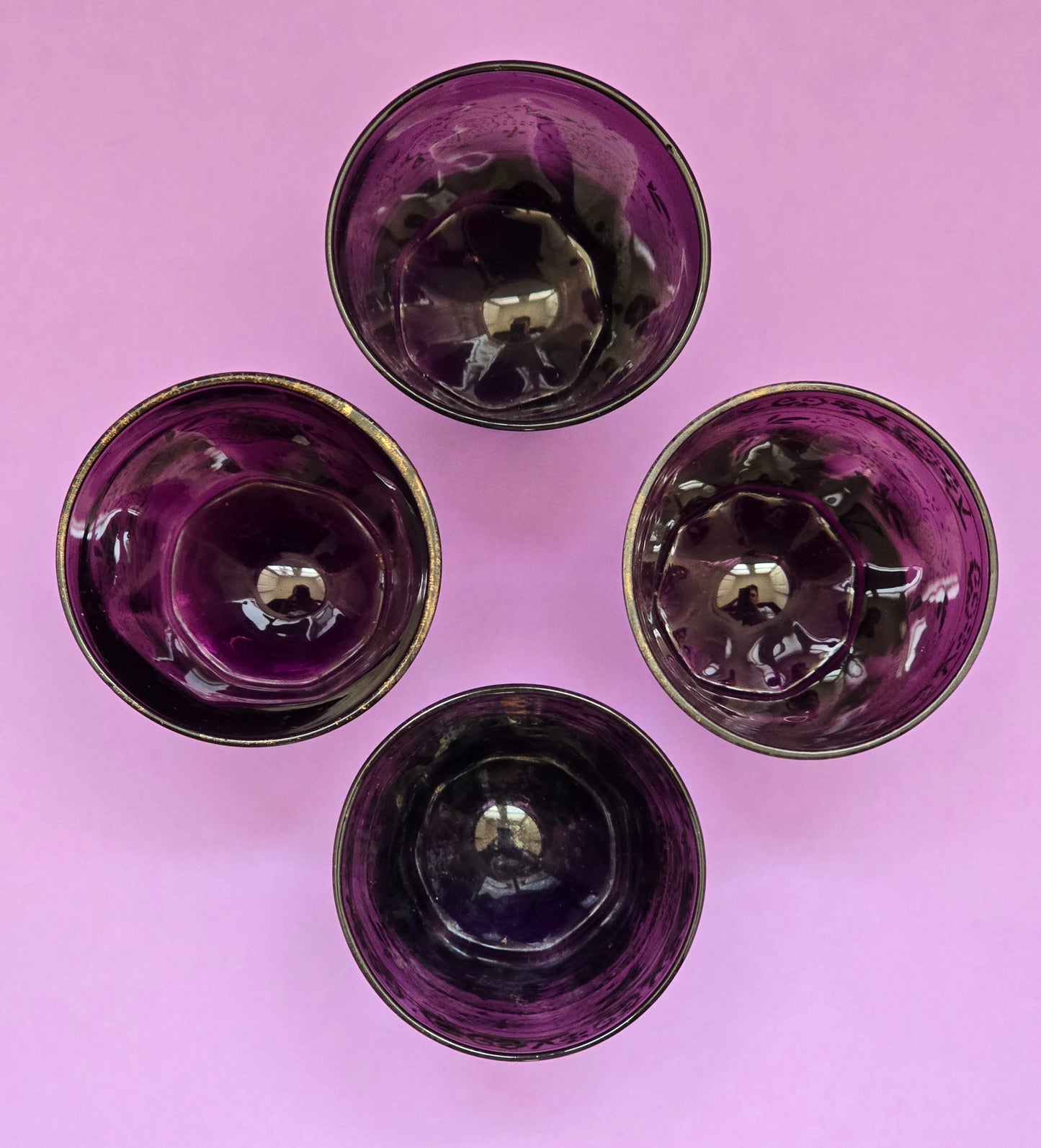 Bohemian Amethyst Glass Tumblers with Gold Enamel – Set of 4, 1870–1890
