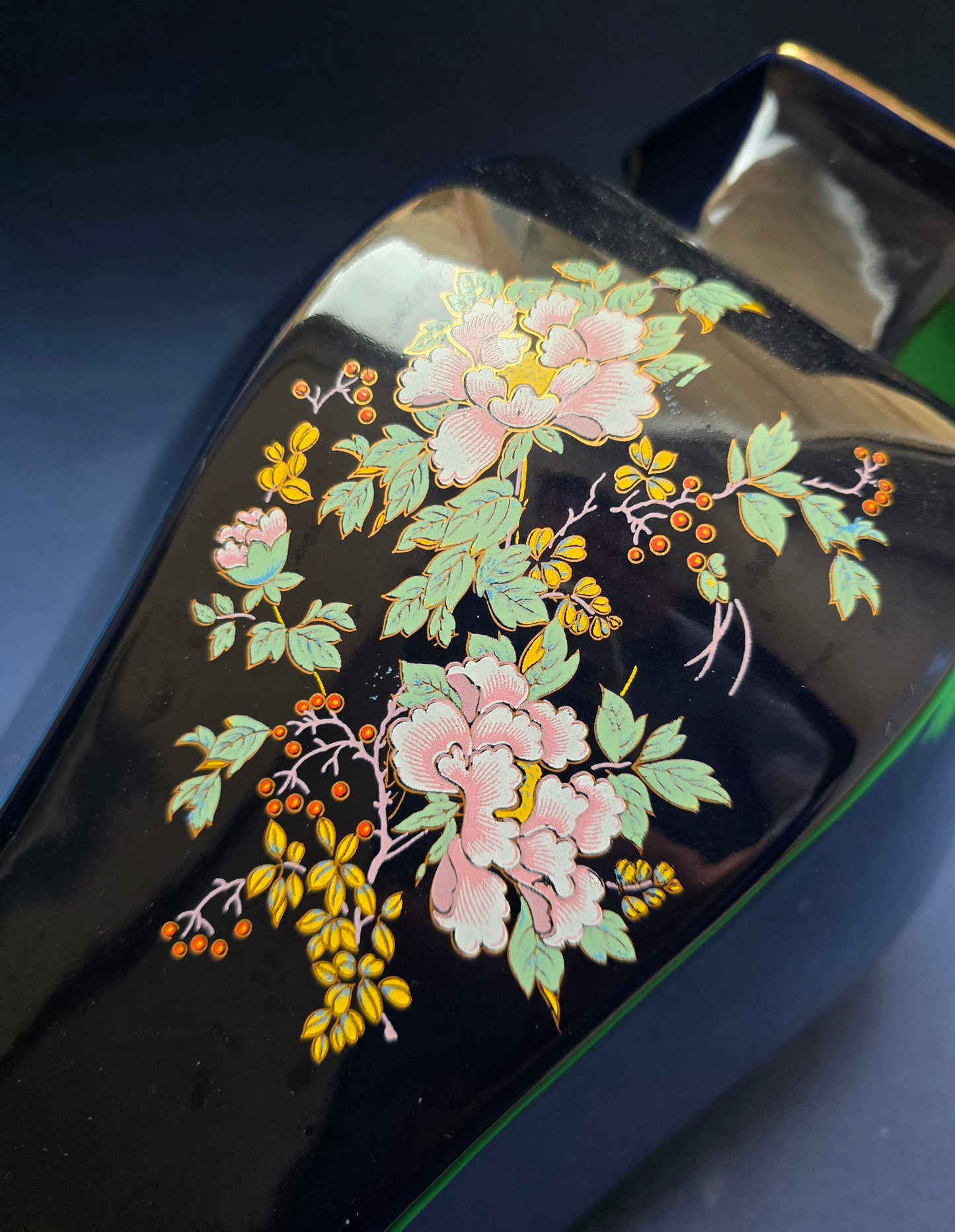Italian Cobalt Blue Hexagonal Vase with Lid, Hand-Painted Pheasant & Peonies, Model A35, c.1950