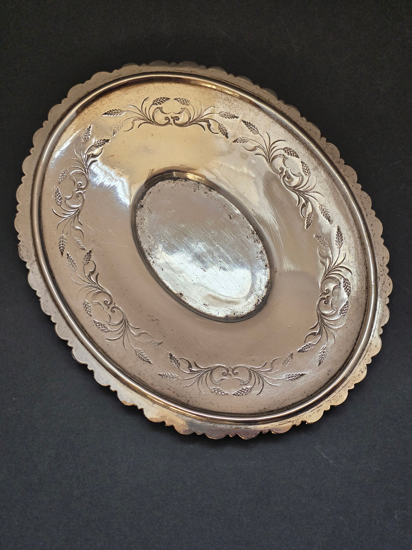 Antique Silver-Plated Oval Server | Engraved Wheat & Scrollwork | c.1890–1910