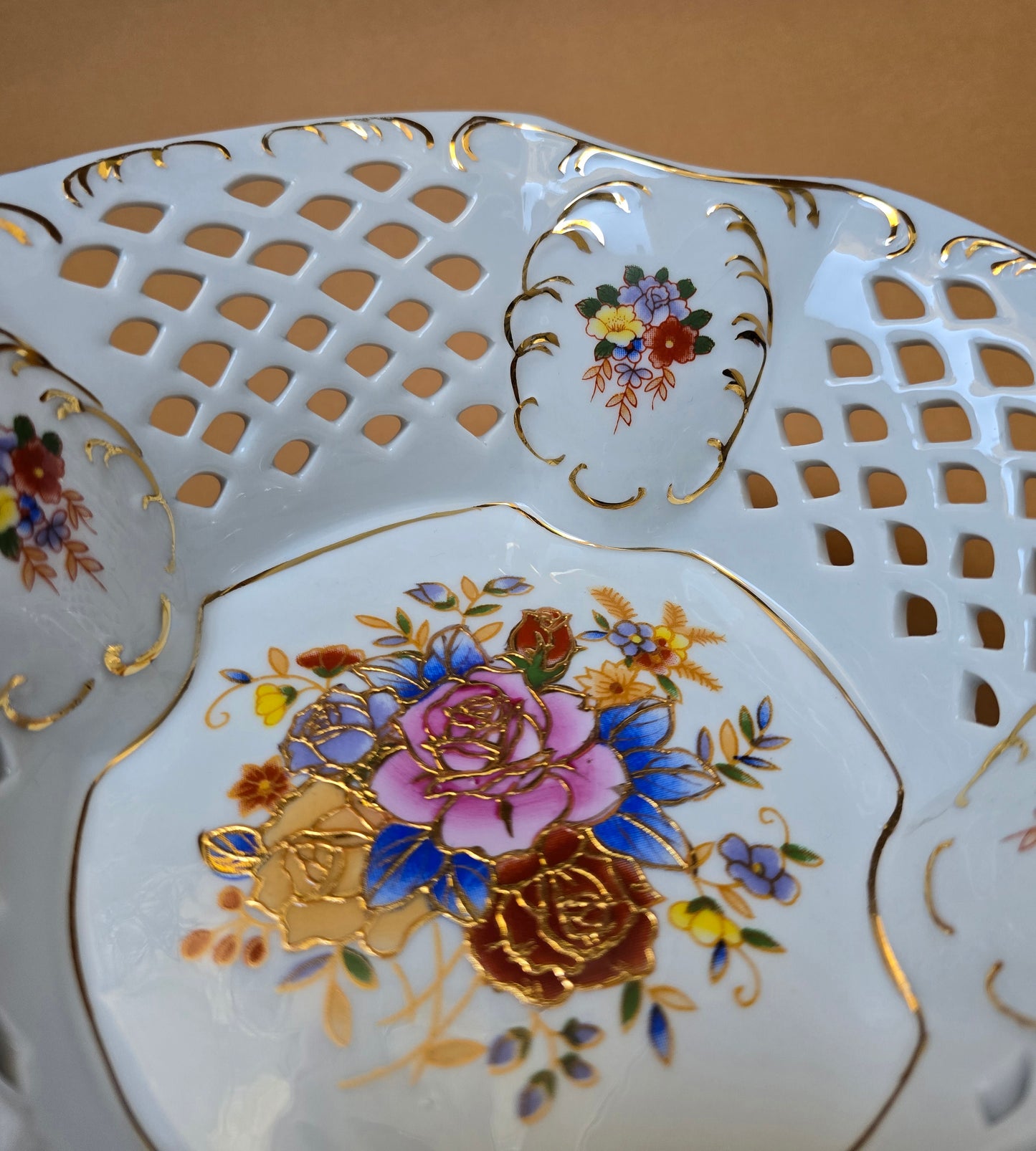 SOLD! Dresden Reticulated Porcelain Bowl – Hand-Painted Floral, 1960s